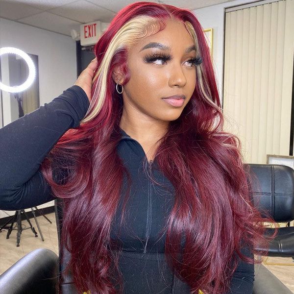 Skunk Strip Burgundy & 613 Honey Blonde Color Straight Lace Front Wig | BGMgirl