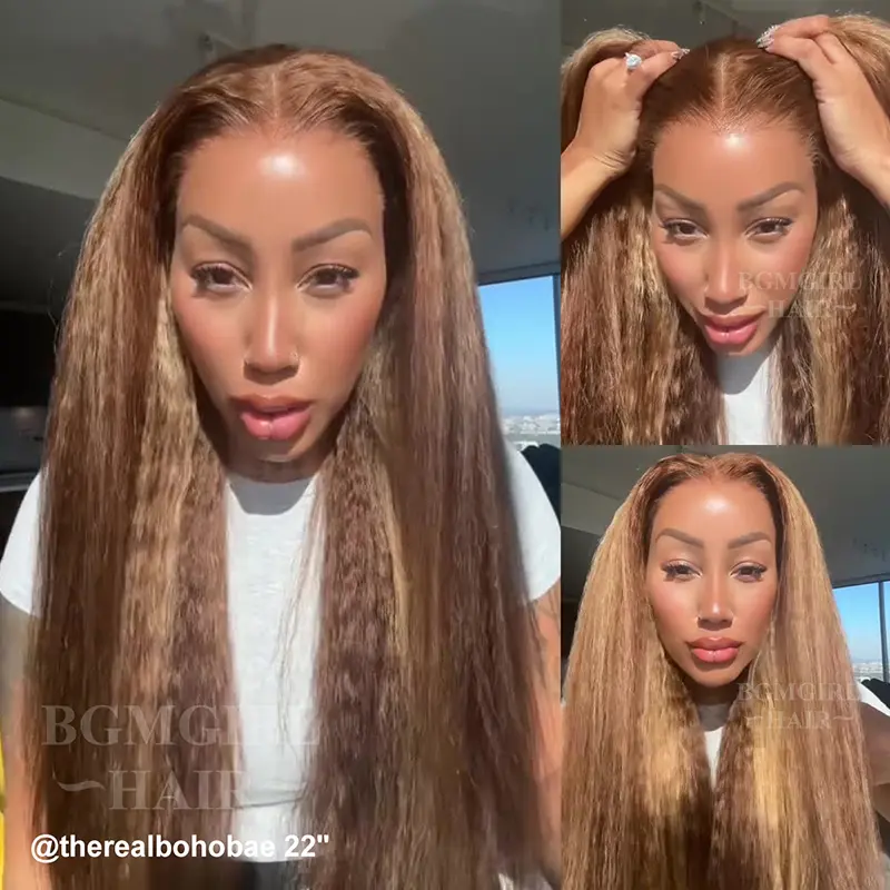 Brown Highlight Kinky Straight Wear Go Wig 6x4 Lace Closure 180% Color Glueless Wig | BGMgirl Hair