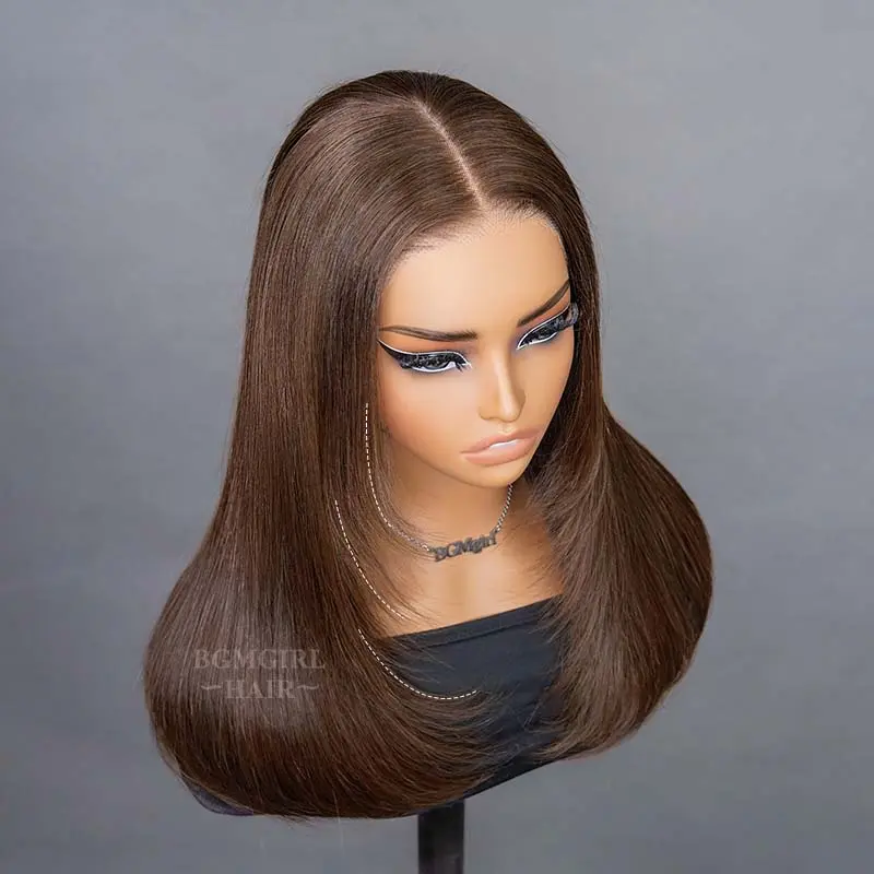 Layered Cut 9x6 M-Cap Natural Black/ Chocolate Brown #4 Yaki Straight Wear Go Wig Pre Plucked Hairline Color Glueless Wig | BGMgirl Hair