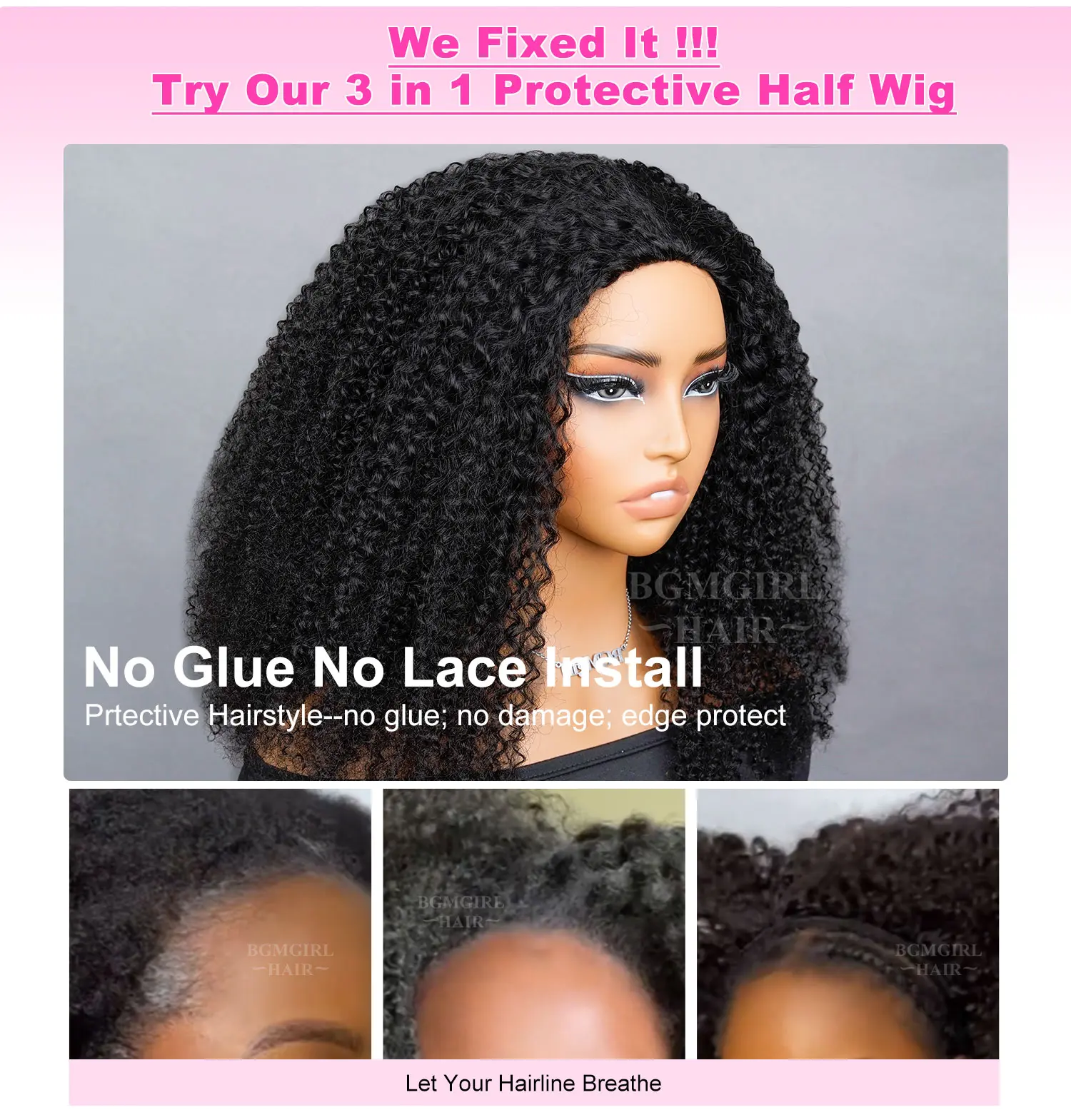 3 in 1 half afro curly wig